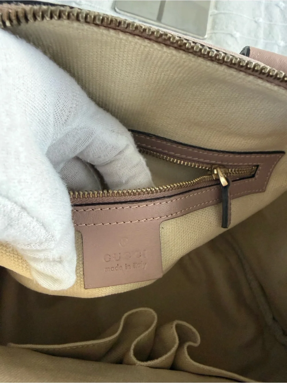 Gucci Beige GG Canvas Satchel with Pink Trim and Blue-Green Stripe